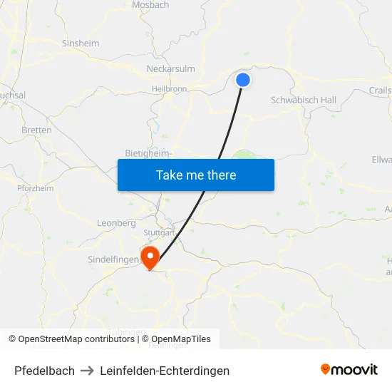 Pfedelbach to Leinfelden-Echterdingen map