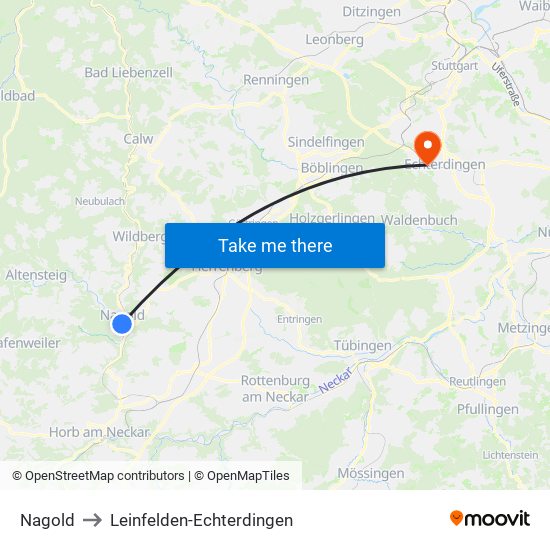 Nagold to Leinfelden-Echterdingen map