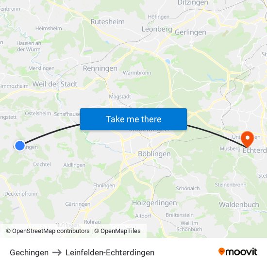 Gechingen to Leinfelden-Echterdingen map