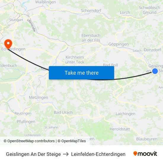 Geislingen An Der Steige to Leinfelden-Echterdingen map