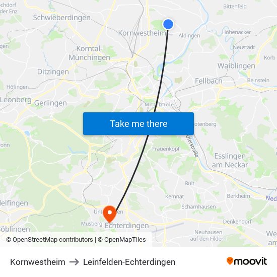 Kornwestheim to Leinfelden-Echterdingen map