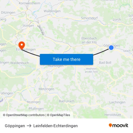 Göppingen to Leinfelden-Echterdingen map