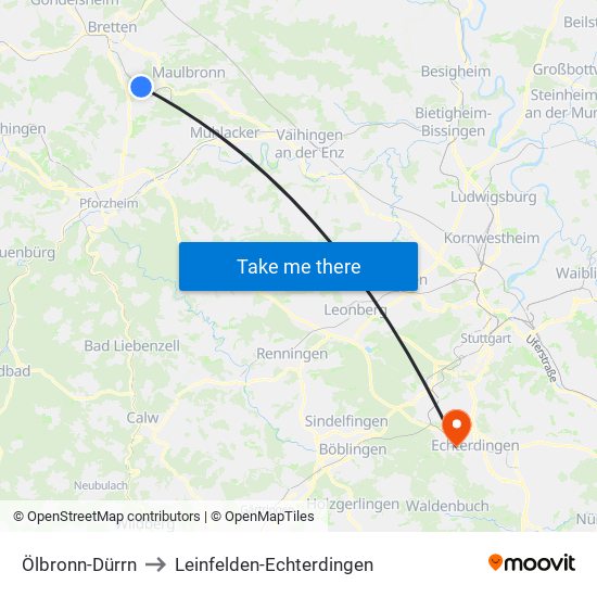 Ölbronn-Dürrn to Leinfelden-Echterdingen map