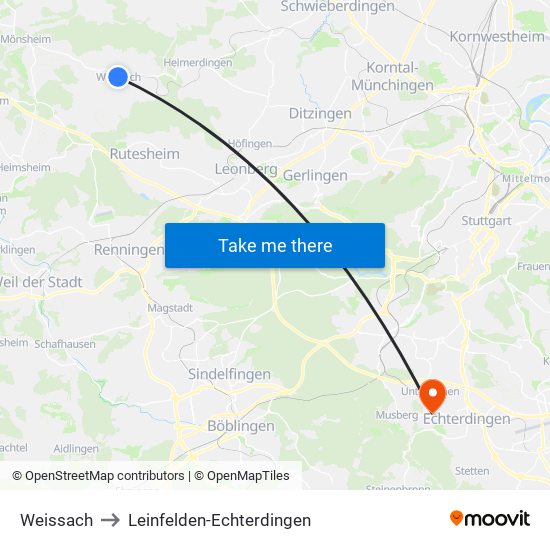 Weissach to Leinfelden-Echterdingen map