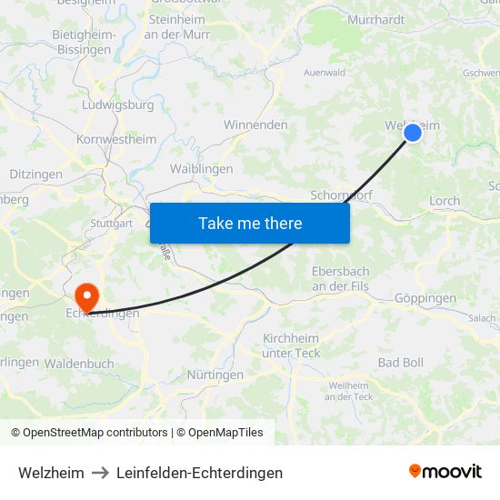 Welzheim to Leinfelden-Echterdingen map