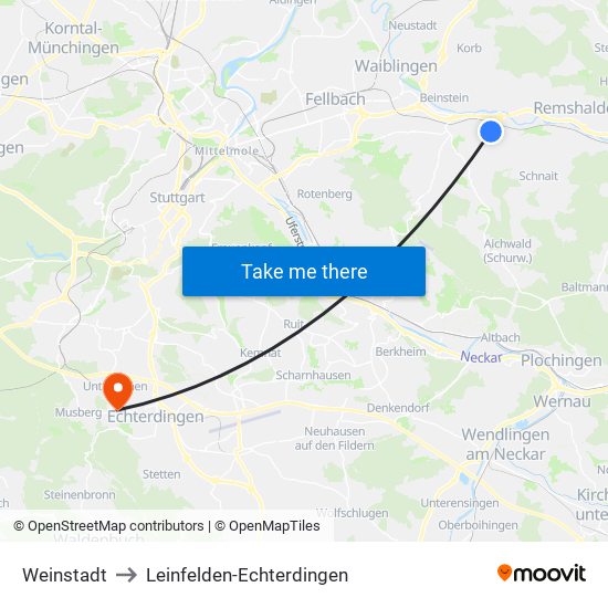 Weinstadt to Leinfelden-Echterdingen map