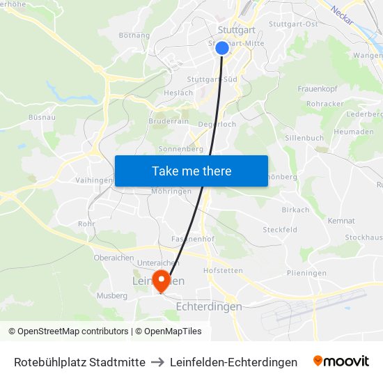 Rotebühlplatz Stadtmitte to Leinfelden-Echterdingen map