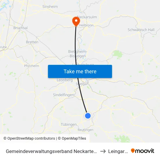 Gemeindeverwaltungsverband Neckartenzlingen to Leingarten map