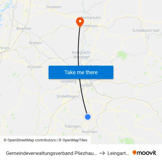 Gemeindeverwaltungsverband Pliezhausen to Leingarten map