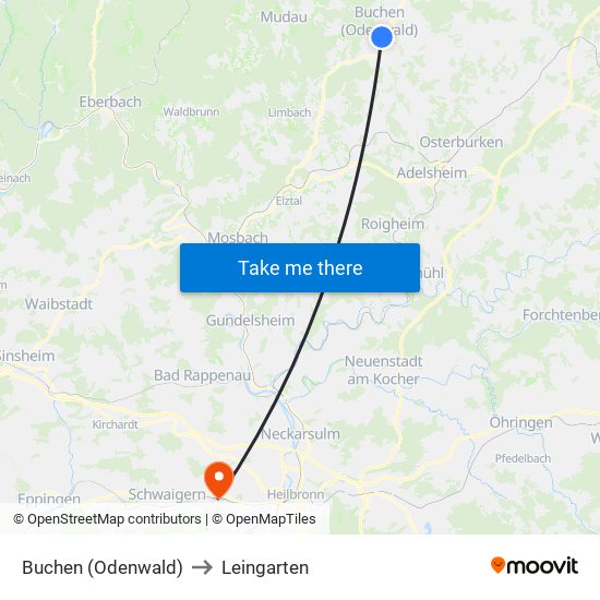 Buchen (Odenwald) to Leingarten map