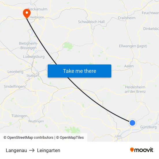 Langenau to Leingarten map