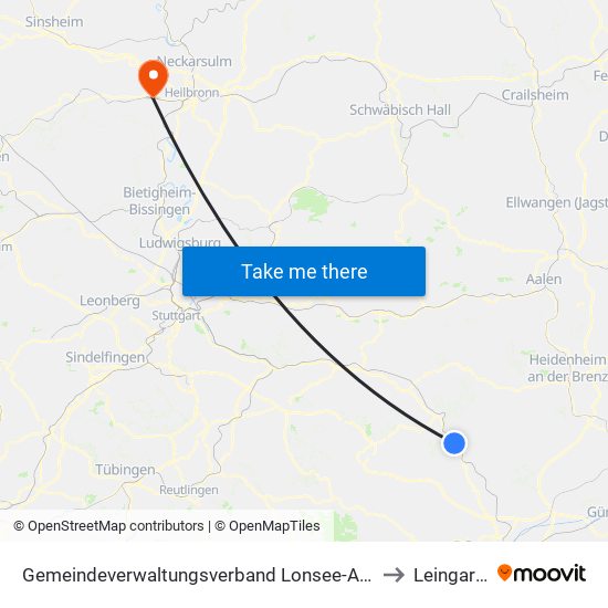 Gemeindeverwaltungsverband Lonsee-Amstetten to Leingarten map