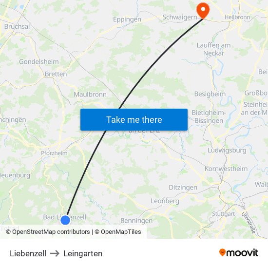 Liebenzell to Leingarten map