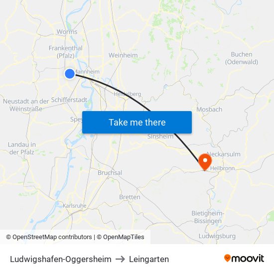 Ludwigshafen-Oggersheim to Leingarten map