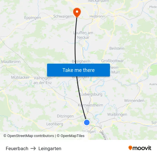 Feuerbach to Leingarten map