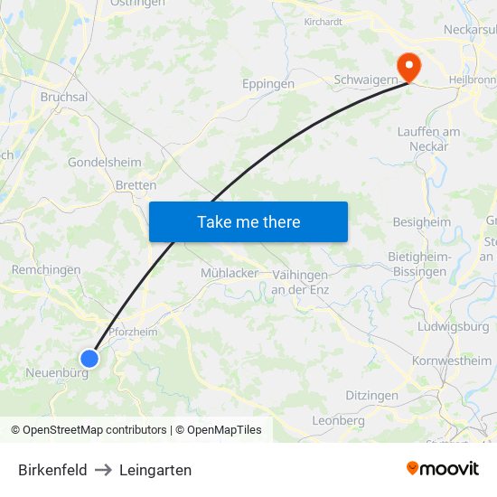 Birkenfeld to Leingarten map