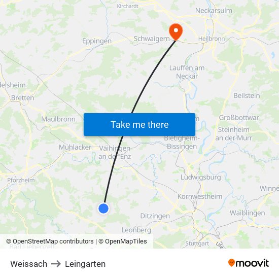 Weissach to Leingarten map