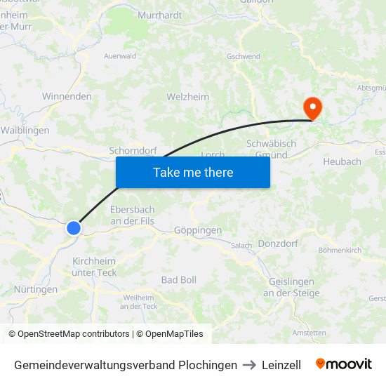 Gemeindeverwaltungsverband Plochingen to Leinzell map