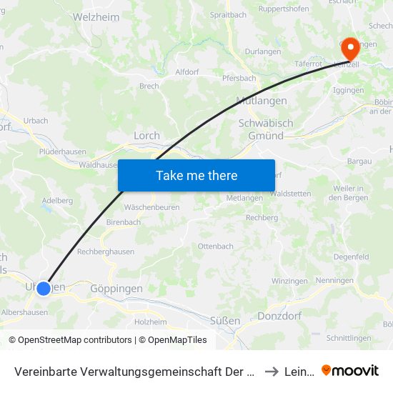 Vereinbarte Verwaltungsgemeinschaft Der Stadt Uhingen to Leinzell map