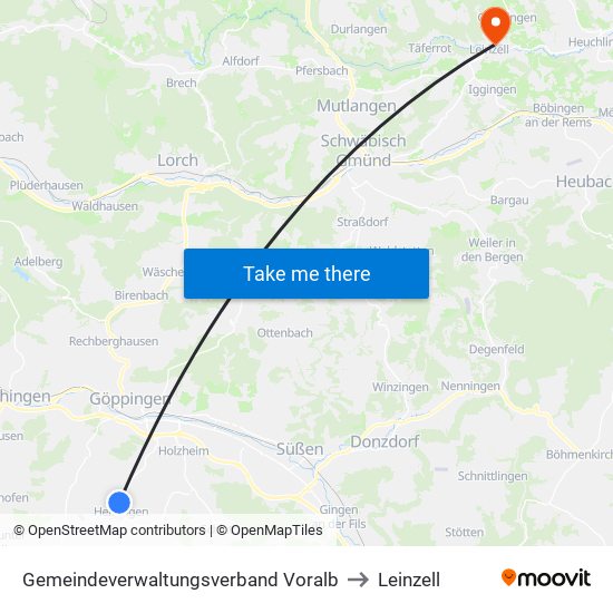 Gemeindeverwaltungsverband Voralb to Leinzell map
