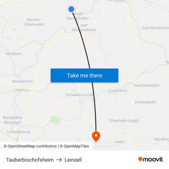 Tauberbischofsheim to Leinzell map