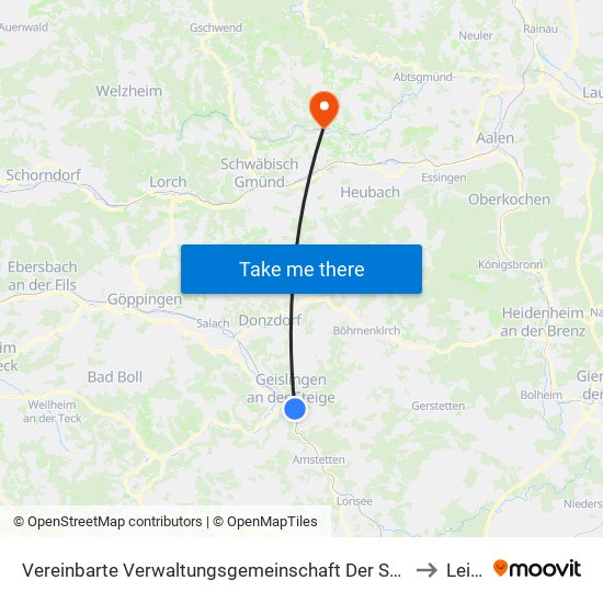 Vereinbarte Verwaltungsgemeinschaft Der Stadt Geislingen An Der Steige to Leinzell map