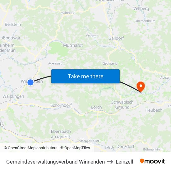 Gemeindeverwaltungsverband Winnenden to Leinzell map
