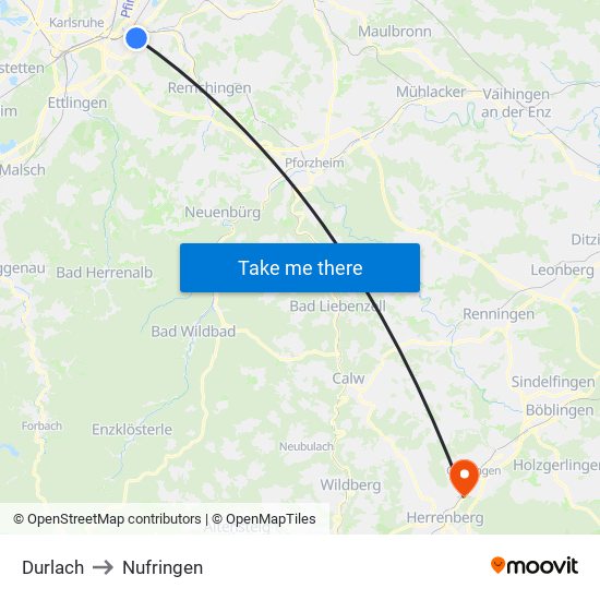 Durlach to Nufringen map