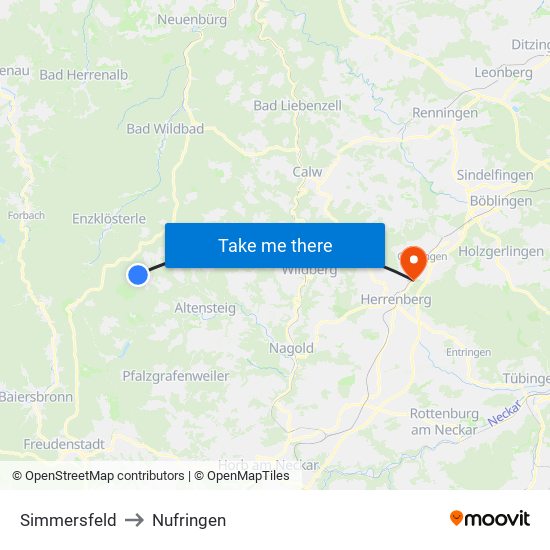 Simmersfeld to Nufringen map