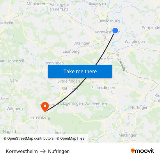 Kornwestheim to Nufringen map