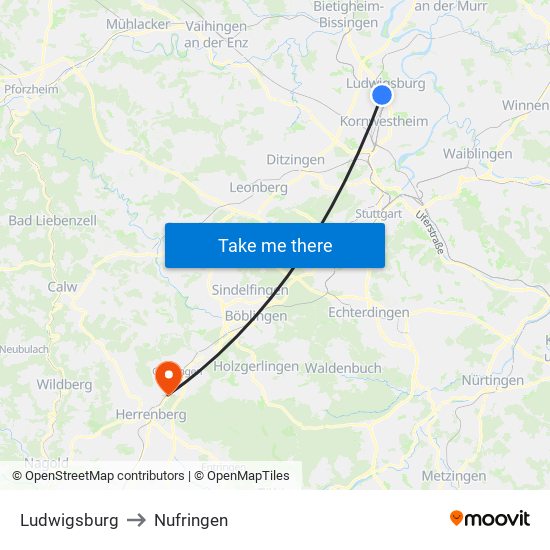 Ludwigsburg to Nufringen map
