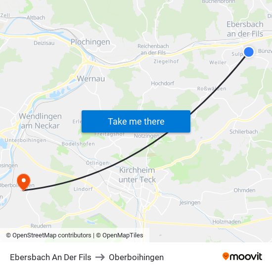 Ebersbach An Der Fils to Oberboihingen map