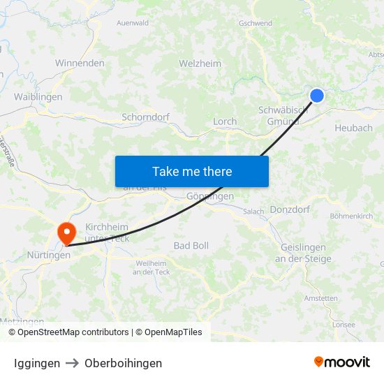 Iggingen to Oberboihingen map
