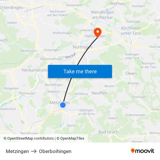 Metzingen to Oberboihingen map