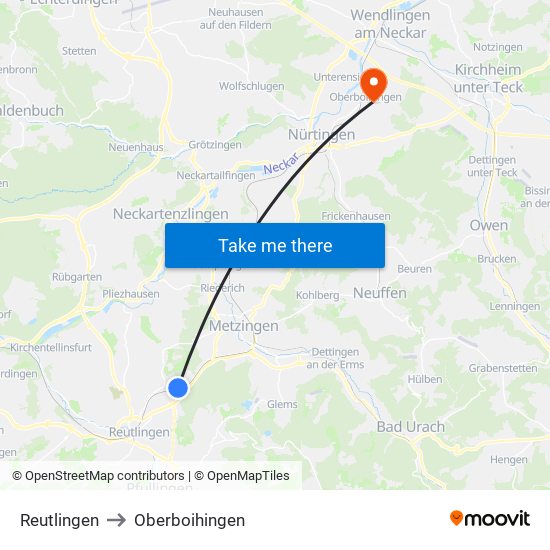 Reutlingen to Oberboihingen map