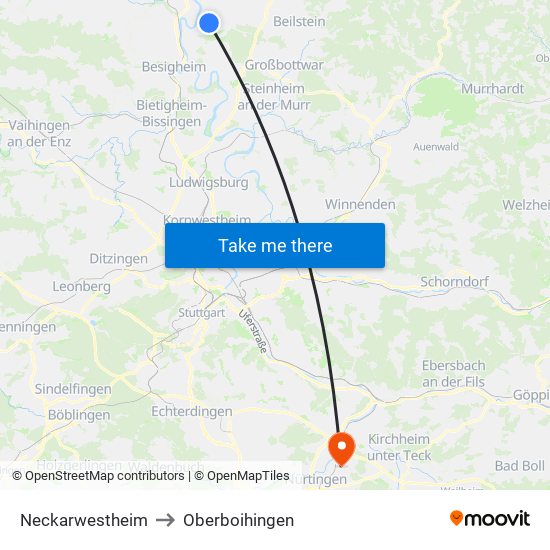 Neckarwestheim to Oberboihingen map