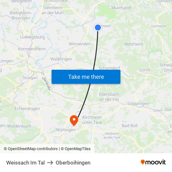 Weissach Im Tal to Oberboihingen map
