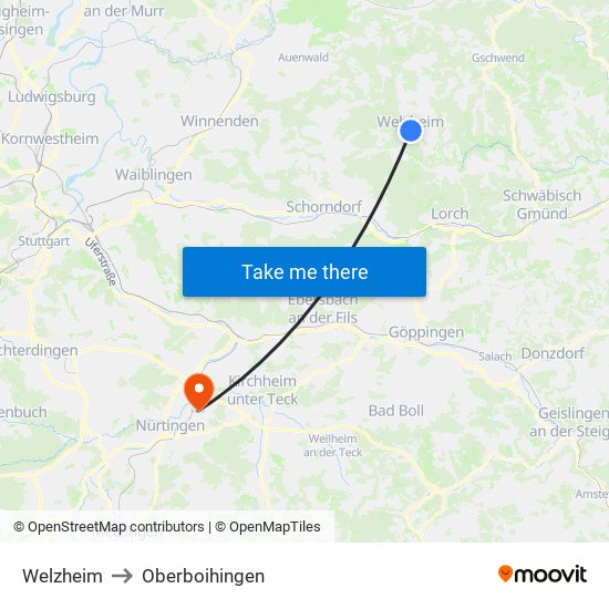Welzheim to Oberboihingen map