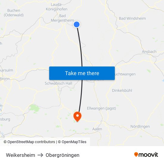 Weikersheim to Obergröningen map