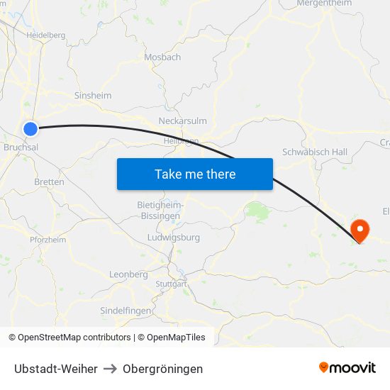 Ubstadt-Weiher to Obergröningen map