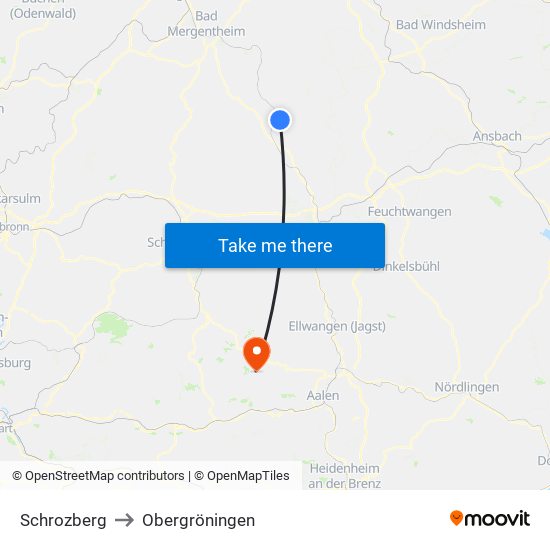 Schrozberg to Obergröningen map