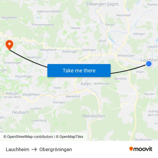 Lauchheim to Obergröningen map