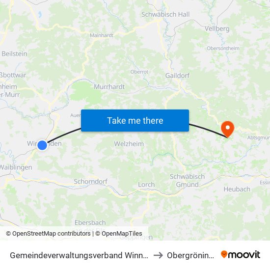 Gemeindeverwaltungsverband Winnenden to Obergröningen map