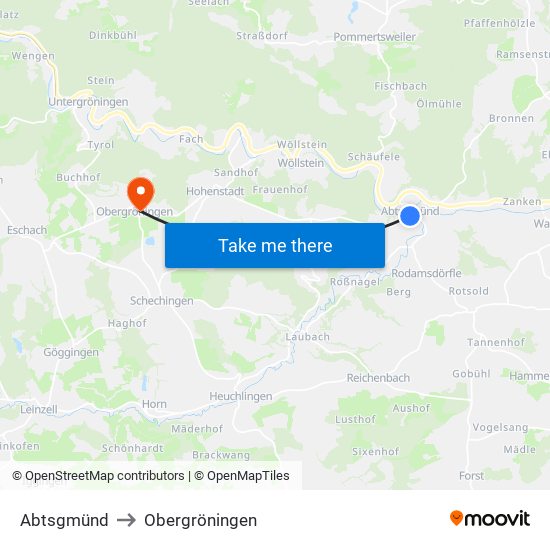 Abtsgmünd to Obergröningen map