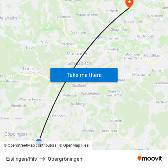 Eislingen/Fils to Obergröningen map