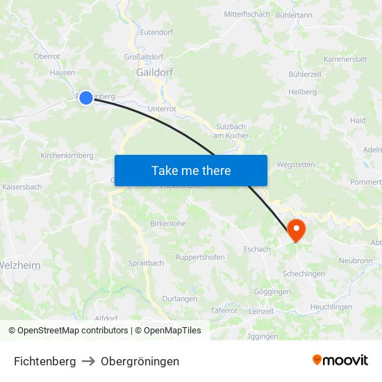 Fichtenberg to Obergröningen map
