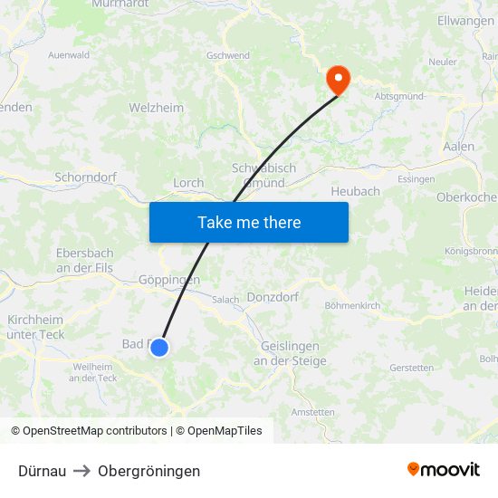 Dürnau to Obergröningen map