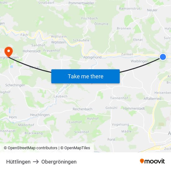 Hüttlingen to Obergröningen map