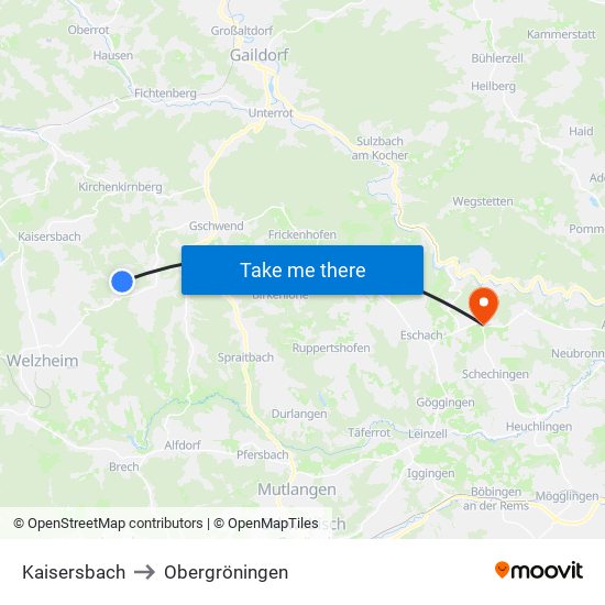 Kaisersbach to Obergröningen map