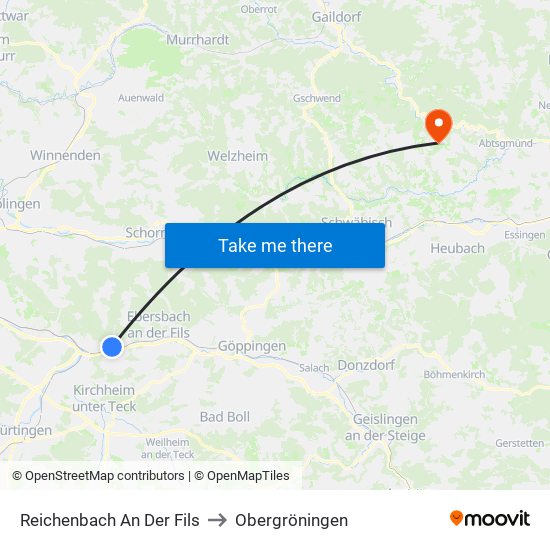 Reichenbach An Der Fils to Obergröningen map